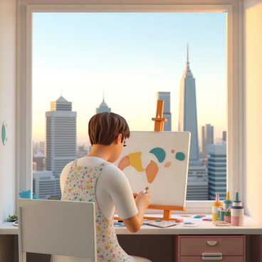 An artist is sitting at a window desk, focused on their work. The artist has short brown hair and is wearing a paint-splattered apron over a casual white shirt. They are using a brush to add vibrant colors to a canvas that stands on the easel in front of them. The desk is cluttered with various art supplies, including tubes of paint, brushes, and palettes. Behind the artist, large windows reveal a stunning view of the city skyline, showcasing tall modern buildings and a clear blue sky. The warm light of the setting sun casts a golden glow on the scene, enhancing the colors of the cityscape outside.