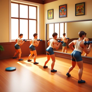 A 1920s-style gym interior featuring wooden floors and vintage workout equipment. Several individuals in vintage gym attire, such as high-waisted shorts and tank tops, are performing hammer curls with classic dumbbells. A large mirror spans one wall, reflecting the scene of focused athletes. The gym is adorned with old-fashioned posters promoting fitness and strength training from the era. Gentle light filters through tall windows, illuminating the space.