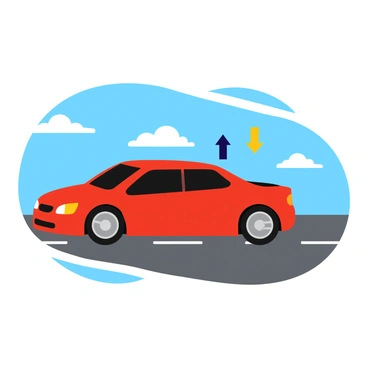 A red sedan parked on a flat asphalt road. The car is facing forward, and its sleek design is emphasized with shiny paint. Two large arrows are displayed next to the car: one arrow pointing downward, labeled "gravity," and another arrow pointing upward, labeled "normal force." The asphalt road has faint markings indicating lanes, and the background features a clear blue sky with a few white clouds.