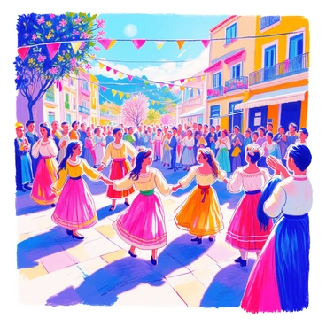 A vibrant Mallorca festival scene features a group of people dressed in traditional costumes dancing joyfully. The costumes are adorned with bright colors and intricate patterns. Some dancers are in a circle, holding hands, while others are engaging in lively movements. Colorful banners and decorations hang overhead, adding to the festive atmosphere. In the background, lush greenery and blooming flowers enhance the vibrant setting. A crowd of onlookers can be seen, clapping and cheering, creating an energetic ambiance. The sun shines brightly, casting warm light on the lively scene.