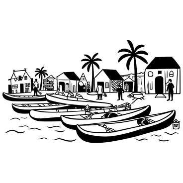 A busy village waterfront with several dugout canoes tied up along the shore. The canoes vary in size and shape, each crafted from wood, some displaying intricate carvings along the sides. The shoreline is lined with small boats, their paddles resting inside. In the background, thatched-roof huts emerge from the greenery, surrounded by palm trees swaying gently. Villagers can be seen engaging in various activities, some unloading fish from the canoes and others exchanging goods on the docks. The surface of the water ripples gently, reflecting the canoes and the village.