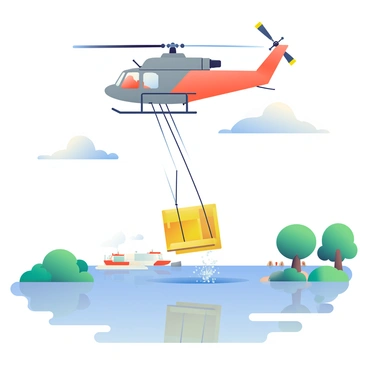 A KMAX helicopter with a bright orange and gray color scheme is hovering above a flooded area. Below, the landscape is covered with water, reflecting a cloudy sky. The helicopter is in the process of conducting an emergency airdrop, with a large, yellow cargo crate suspended beneath it by thick ropes. The crate is positioned to release into the water, creating small splashes around it. Surrounding the flooded area are patches of green trees and debris from the flooding. In the distance, a few rescue boats are visible, prepared to assist in the operation.