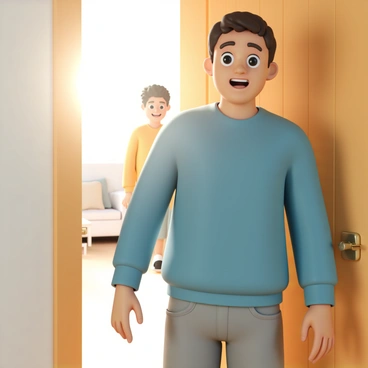 A person opening the door to find a surprise guest, looking shocked yet pleased.