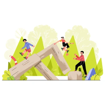 A group of children playing in a natural playground. The playground is constructed from large logs, smooth rocks, and various green plants. Sunlight filters through the trees in the forest, casting dappled shadows on the ground. One child is climbing a log, while another is jumping from a rock. A third child is hiding behind a bush. The scene is lively and full of energy.