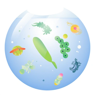 A collection of microscopic ocean life forms is swimming in clear seawater under a microscope. There are various shapes and sizes of organisms, including elongated green phytoplankton, round and colorful zooplankton, and tiny, translucent jelly-like creatures. The water is illuminated, revealing small bubbles and particles floating around. Fine details of the life forms are visible, such as cilia moving on the surface of some organisms and delicate tentacles extending from others. The background shows the blue tint of the seawater, enhancing the vibrancy of the life forms.