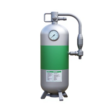 A portable oxygen cylinder designed for medical use, sleek and metallic in appearance. The cylinder features a clear pressure gauge on the front, displaying accurate measurements. A sturdy carrying handle is located on the top, allowing for easy transport. The base is fitted with a stable, wide support to prevent tipping. An adjustable flow regulator is attached to the side, equipped with a flow meter and a threaded outlet for connecting oxygen delivery devices. A label on the cylinder displays safety instructions and oxygen concentration levels. The overall color scheme is a combination of silver and green, indicating its medical purpose.