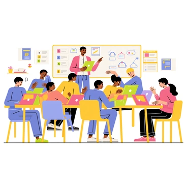 A classroom filled with students engaged in learning activities. The students are seated at desks with colorful laptops displaying "AI interfaces" that show various educational content. Some students are raising their hands to ask questions, while others are collaborating in pairs, discussing information from their screens. The walls are adorned with educational posters, and a whiteboard at the front features "interactive learning" diagrams. A teacher is standing at the front, observing the students and guiding them in their activities.