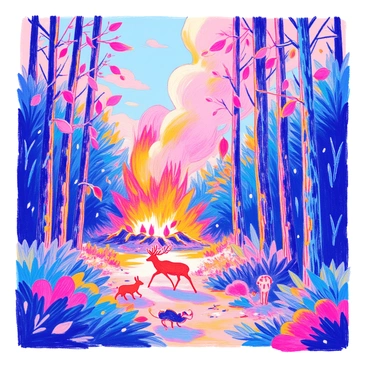 A dense forest filled with tall trees is depicted, with vibrant green leaves contrasting against the fiery orange and red flames rising high into the sky. The flames consume branches and foliage, creating billowing clouds of smoke that drift upward. In the foreground, small animals, including a deer and a rabbit, are shown fleeing from the encroaching fire. The ground is scattered with charred debris, and the background features a dramatic sky tinged with smoke and embers, emphasizing the intensity of the scene.