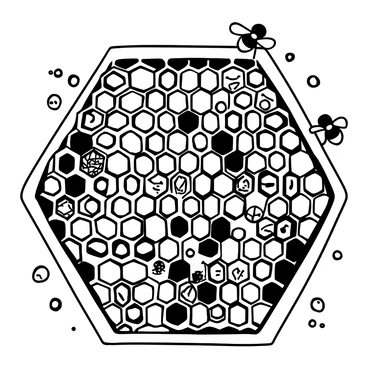 A cross-section of a beehive nursery showing numerous hexagonal cells filled with bee larvae. Each cell contains a developing larva, some curled and others stretching out. The bees are busy attending to the larvae, with several worker bees in the process of feeding them. The texture of the honeycomb is detailed, with a variety of cell sizes. Surrounding the hive interior are small droplets of honey and bits of pollen scattered among the cells. The overall composition emphasizes the intricate structure and the nurturing environment of the beehive.