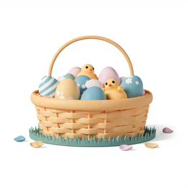 Decorative Easter eggs nestled with tiny chicks inside a cozy basket