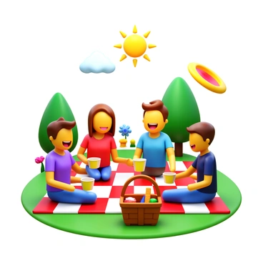 A group of four friends sitting on a checkered picnic blanket in a park. One friend is pouring lemonade into cups, while another is holding a sandwich. The third friend is laughing, showing a bright smile, and the fourth is playfully tossing a frisbee in the air. The sun is shining brightly, and there are trees and flowers in the background. A picnic basket filled with snacks sits beside them.