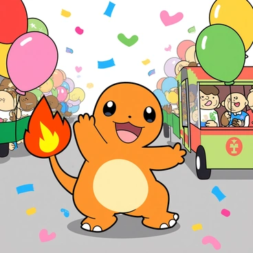 A small orange Charmander with a long tail and a flame at the tip is happily standing in the middle of a festive parade. Surrounding it are colorful balloons in various shapes and sizes, including heart and star shapes. Brightly colored confetti is falling from above, covering the ground in a vibrant mix of colors. Charmander has a joyful expression, with its eyes wide and a smile on its face. In the background, there are other cartoonish creatures and joyous parade floats adding to the celebratory atmosphere.