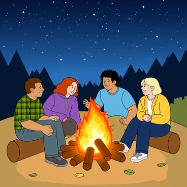 A group of four friends, consisting of two women and two men, are gathered around a bright campfire. The fire consists of vibrant orange flames and glowing embers, casting warm light on their faces. One man has short brown hair and is wearing a green plaid shirt. The other man has curly black hair and is dressed in a blue t-shirt. One woman has long red hair and is wearing a purple hoodie, while the other woman has short blonde hair and sports a yellow jacket. They are seated on wooden logs, engaged in animated conversation, with smiles on their faces. Above them, a deep blue sky filled with twinkling stars provides a stunning backdrop, while the silhouettes of trees are visible in the distance. The ground is covered with scattered leaves and soft grass, enhancing the cozy atmosphere of the scene.