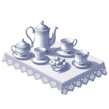 A delicate tea set is arranged on a lace tablecloth. The tea set includes a teapot, sugar bowl, and several teacups, each adorned with intricate patterns. Beside the fine china, there are châtaignes, also known as chestnuts, placed in a small dish. The lace tablecloth features elaborate designs, creating an elegant backdrop for the tea set and snacks. Soft shadows are cast on the table, enhancing the textures of the lace and the porcelain.