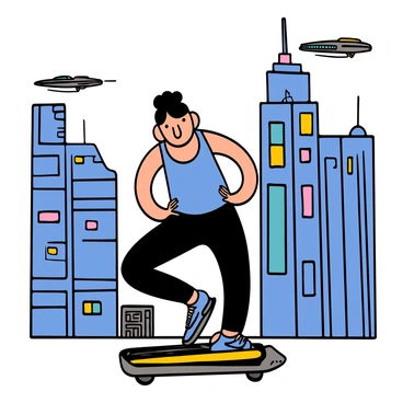 A person doing fire hydrant exercises on a hoverboard in a city of the future
