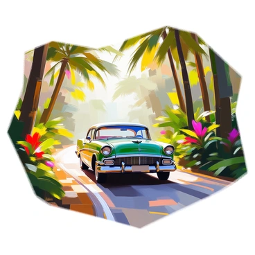 A vintage green car driving through a lush rainforest with dense foliage
