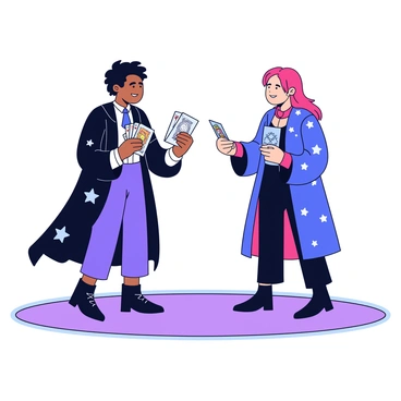 Two magicians facing off, each holding a deck of magical cards