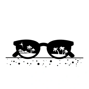 A pair of sunglasses placed on a flat surface, with the lenses reflecting a picturesque beach scene. The beach features gentle waves lapping against the shore, a few palm trees swaying in the breeze, and a distant horizon where the sky meets the ocean. Fine grains of sand are visible around the sunglasses, adding texture to the composition. Light glints off the lenses, enhancing the overall clarity of the reflection.