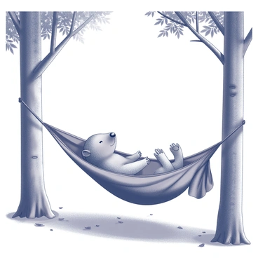 A wombat is resting comfortably in a hammock made of thick fabric, suspended between two sturdy trees. The hammock is slightly sagging under the weight of the wombat, which is lying on its back with its paws in the air. The trees are tall and have rough bark, with leafy branches providing some shade overhead. Sunlight filters through the leaves, casting dappled shadows on the ground below. The scene conveys a relaxed atmosphere, with a few scattered leaves on the ground and a hint of a gentle breeze moving through the trees.