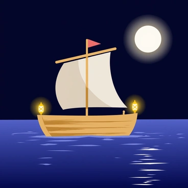 A small wooden boat gently gliding across a dark blue sea under the moonlight. The boat has a single white sail, slightly billowing in the breeze. Soft, glowing lanterns hang from the sides of the boat, casting a warm yellow light that reflects on the water's surface. The moon is full and bright, illuminating the scene with a silvery glow. Gentle ripples created by the boat's movement create a shimmering effect on the water, enhancing the tranquil atmosphere.