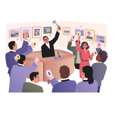 A digital flat illustration depicting an auction scene. In the center, there is an auctioneer standing on a podium with a gavel raised, wearing a black suit and a white shirt. Around the auctioneer, there are several bidders. A man on the left has light skin and brown hair, wearing glasses and a blue jacket, with a bidding paddle raised high. A woman on the right has dark skin and curly hair, wearing a red dress, smiling as she holds a paddle with her hand raised. Each paddle displays different numbers representing bid amounts. In the background, there are illustrations hanging on the walls, showcasing various art pieces like landscapes and abstract designs, each with a price tag visible next to them. The atmosphere is lively with an excited crowd watching the auction.