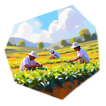 A tea garden in Jharkhand features lush green rows of tea plants stretching across the landscape. Workers with dark skin and traditional attire are carefully plucking vibrant green tea leaves. The sky above is clear and blue, with a few fluffy white clouds scattered. The sunlight casts a warm glow over the garden, highlighting the rich colors of the leaves and the surrounding hills. In the background, gentle slopes and distant trees frame the serene setting, creating a tranquil atmosphere of hard work and natural beauty.