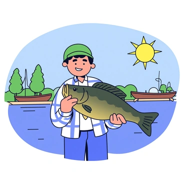 A fisherman with a smile on his face is standing by the edge of a calm lake. He is wearing a green fishing hat and a plaid shirt. In his hands, he is proudly holding a large-mouth bass with shiny scales and a wide mouth. The sun is shining brightly in a clear blue sky, casting reflections on the water's surface. Nearby, there is a small wooden boat tied to a post and a few trees lining the shore.