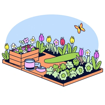 A community garden featuring neatly arranged rows of various vegetables and flowers. In one corner, there is a compost bin made of wooden slats, overflowing with organic waste like fruit peels and vegetable scraps. The compost bin has a small pipe emerging from it, indicating it is producing biogas. Nearby, a simple cooking stove is set up, connected to the biogas pipe. The scene is set under a clear blue sky, with a few butterflies fluttering around the vibrant plants.