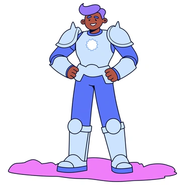 A person wearing a suit of glowing armor stands tall and confidently. The armor emits a bright blue light, illuminating the surrounding area. The individual has a determined expression on their face, with their fists clenched at their sides. Shadows loom around them, creating a stark contrast against the light from the armor. The ground beneath them is uneven, hinting at a challenging terrain.