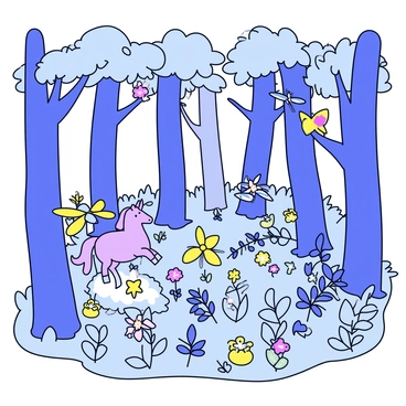 A dense enchanted forest filled with tall trees that reach towards the sky. The trees have thick trunks and leafy branches that create a natural canopy. Various magical creatures can be seen throughout the forest, including a small unicorn with a sparkling mane, a dragonfly with oversized wings, and a tiny fairy with delicate wings fluttering near a flowering plant. Luminescent plants with glowing flowers and vines weave through the underbrush, casting soft light across the forest floor. The scene is rendered in a detailed line drawing style, emphasizing the shape and features of each element.