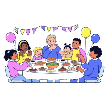 A dining table filled with a variety of colorful dishes and delicacies. Sukuna, depicted with distinct features and a playful expression, is seated at the table, smiling and laughing. Surrounding him are family members, each with unique traits, engaged in cheerful conversation. The table is adorned with vibrant decorations, and there are festive elements such as balloons and streamers in the background. Soft lighting creates a warm atmosphere, enhancing the joyful mood of the dinner.