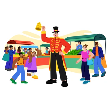 A town crier stands in the middle of a bustling market, holding a shiny brass bell high in one hand. He is wearing a vibrant red coat with gold embellishments and a tall black hat adorned with a colorful ribbon. Surrounding him are various market stalls filled with fresh fruits, vegetables, and handmade goods. The crier's mouth is open as he enthusiastically announces the day's news, attracting the attention of nearby shoppers. People of different ages and backgrounds are gathered around, some looking intrigued, while others are engaged in their shopping. A few children are playing nearby, adding to the lively atmosphere of the market.