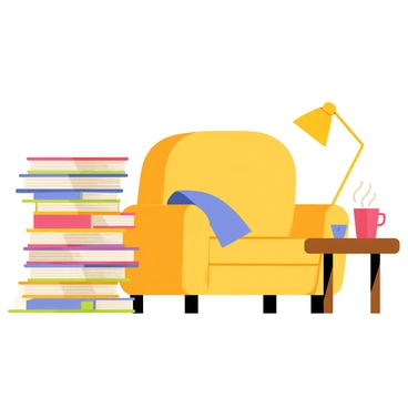 A cozy reading nook featuring a plush armchair in a warm, inviting color. There is a towering pile of books stacked haphazardly beside the chair, showcasing a variety of colorful book covers. A small wooden side table holds a steaming mug of tea and a pair of reading glasses. A soft blanket is draped over the arm of the chair, adding to the comfortable atmosphere. Light from a nearby lamp gently illuminates the scene, highlighting the literary treasures.