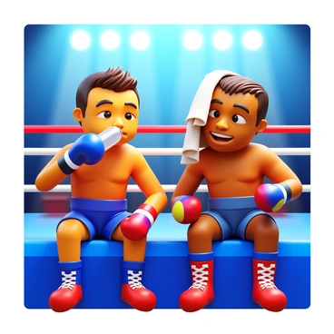 Two boxers resting and chatting on the ringside after an intense training session