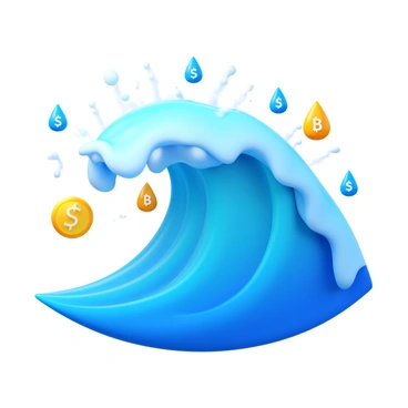A large wave of water crashing down. Each droplet of water is uniquely shaped, showing different cryptocurrency symbols clearly visible on their surfaces. The symbols are rendered in distinct colors, representing a variety of cryptocurrencies. The wave's movement is dynamic, with droplets splashing and reflecting light in a way that highlights their individual designs. The background is minimal to keep focus on the wave and the droplets.