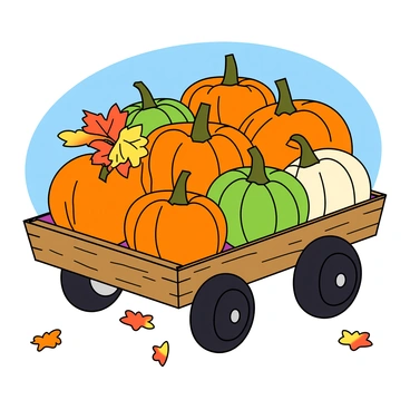 A seasonal pumpkin cart showcasing different sizes and shapes of pumpkins during autumn