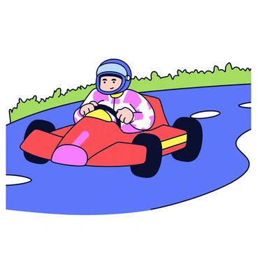 A race car driver wearing a protective helmet and a racing suit in vibrant colors is intensely focused while steering through a sharp turn on a racetrack. The driver's hands grip the steering wheel tightly, showcasing determination. The car is a sleek, aerodynamic model painted in bright red with racing stripes. The background features blurred green grass and asphalt, indicating high speed. A few tire marks can be seen on the track, emphasizing the tightness of the turn.