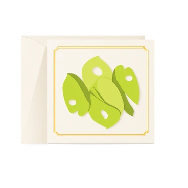 A handcrafted greeting card made of textured cream paper. The front of the card is adorned with several pressed monstera leaves in varying shades of green. The leaves are arranged in an overlapping pattern, showcasing their distinctive holes and unique shapes. A thin, elegant border in gold outlines the edges of the card, adding a touch of sophistication. Inside the card, there is space for a handwritten message, and the paper has a soft, natural look.