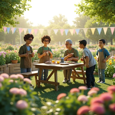 A vibrant community garden filled with a variety of flowers and plants. Several gardeners, diverse in age and ethnicity, are engaged in exchanging seeds. One gardener, a woman with curly hair, is holding a small pouch of seeds and smiling at another gardener, an elderly man with glasses, who is reaching out to receive them. Nearby, a young boy is curiously examining colorful seed packets on a wooden table. Colorful banners and decorations are visible throughout the garden, enhancing the lively atmosphere. The sun is shining brightly, casting a warm glow over the scene.