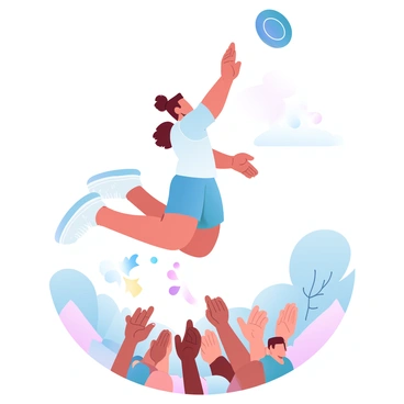 A person is leaping high into the air, reaching out with one hand to catch a frisbee. The individual is wearing a bright sports jersey and athletic shorts. Below, a cheering crowd is visible, with hands raised in excitement and colorful banners waving. The scene is filled with vibrant energy, capturing the moment of action and the enthusiasm of the spectators. In the background, trees and a clear sky add to the lively atmosphere.