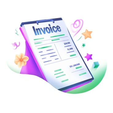 A close-up view of an invoice featuring the words "Invoice" prominently displayed at the top in elegant, bold lettering. The body of the invoice includes detailed line items and amounts, clearly organized. Surrounding the margins, there are whimsical drawings of flowers, swirls, and stars, adding artistic flourishes. The overall design incorporates a soft color palette with pastel shades for a modern look.