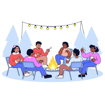 A group of friends gathered around a circular fire pit, with warm flames flickering in the center. Each friend is seated on simple folding chairs, some casually leaning back and others leaning in towards the fire. Strings of small twinkling lights are draped overhead, casting a soft glow across the scene. The background features silhouettes of trees, creating a natural frame around the gathering. Some friends are holding drinks, while others are roasting marshmallows on long sticks.