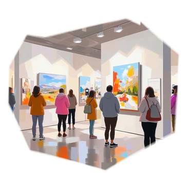 An art exhibit showcasing a variety of paintings displayed on multiple sizes of illustration boards. The room is well-lit, highlighting the textures and colors of each artwork. Some boards are large, featuring expansive landscapes, while others are small, displaying intricate details of still life. The boards are arranged in a way that guides the viewer through the exhibit. Each painting is labeled with a small plaque, providing the title and the name of the artist. Visitors are seen admiring the artwork, some discussing their favorite pieces, and others taking photographs.