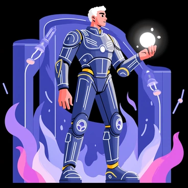 A figure of "Prometheus" is depicted in a futuristic setting, wearing a sleek, armored suit with glowing accents. He stands confidently, surrounded by "neon flames" in vibrant shades of blue and purple, which dance around him and illuminate his determined expression. In his hand, he holds a shimmering orb that emits bright light, symbolizing the gift of knowledge. The background features abstract structures and technological elements that enhance the futuristic atmosphere.