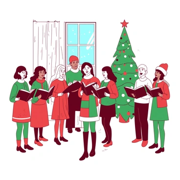 A white festive choir concert is taking place in a cozy setting. The singers are dressed in colorful holiday-themed outfits, with some wearing red and green attire featuring snowflakes and Christmas trees. In the center, a group of singers is standing together, holding songbooks and smiling as they perform. A tall, decorated Christmas tree is located in the background, adorned with sparkling lights and ornaments. Snowflakes are gently falling outside the window, creating a warm, cheerful atmosphere.