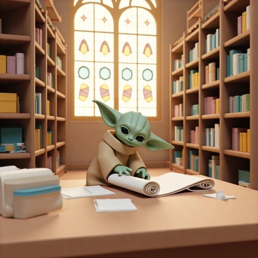 A small green alien with large ears, resembling "Yoda," is sitting on a wooden table in a vast library. He is focused on examining a set of ancient scrolls laid out before him. The library is filled with tall wooden shelves, stacked with numerous books and scrolls, creating a labyrinth of knowledge. Soft golden light filters through large stained glass windows, illuminating the space and casting colorful patterns on the floor. Yoda wears a simple brown robe and has a thoughtful expression as he studies the scrolls, with his gnarled hands carefully unrolling one of them.