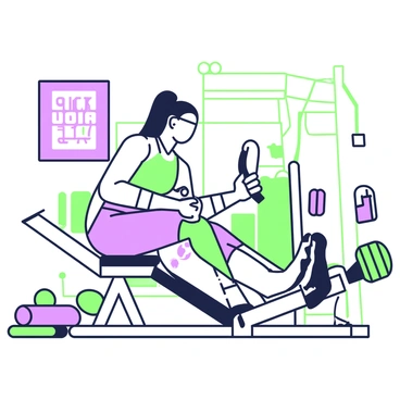 A superhero character is engaging in a workout on a seated row machine. The superhero has an athletic build, wearing a green and purple suit that accentuates their muscles. They are seated with a firm grip on the handles of the machine, pulling the handles towards their chest, showcasing their intense effort. The superhero's long hair is tied back, and they have a focused expression on their face. A gym setting surrounds them, featuring various exercise equipment in the background, including weights and mats, while a motivational poster is visible on the wall.