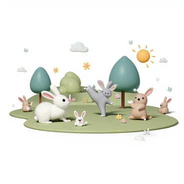 A sunny park with green grass and colorful flowers is filled with bunny rabbits. One bunny, with fluffy white fur and big ears, is attempting to balance on its hind legs in a “tree pose,” while another bunny, with light brown fur, stretches forward into a “downward dog” position. A third bunny, with gray fur, is playfully toppling over while trying to do a “warrior pose.” Nearby, a group of bunnies watch, sitting on their haunches, looking amused. Sunlight filters through trees, casting playful shadows on the ground. A few butterflies flutter around, adding to the cheerful atmosphere.