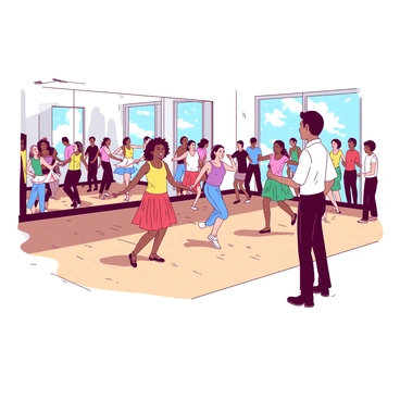 A bright dance studio filled with natural light, featuring a polished wooden floor. In the center, a diverse group of participants, including individuals of various ages and ethnicities, are engaged in learning choreography. Some participants are in mid-motion, demonstrating different dance steps, while others are attentively watching the instructor. The instructor is positioned at the front, encouraging the class with an enthusiastic expression. Mirrors line one wall reflecting the vibrant energy of the class. Colorful dance attire is worn by the participants, adding a lively atmosphere to the scene.