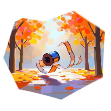A film roll is caught in the wind, tumbling gracefully through an autumn park. The film roll is unspooling, with the film edges fluttering in the breeze. The park is filled with vibrant autumn foliage, featuring trees with leaves in shades of red, orange, and yellow. A carpet of fallen leaves covers the ground, and a gentle breeze carries the film roll along a winding path. Sunlight filters through the branches, casting dappled shadows on the ground as the film roll continues its playful journey.